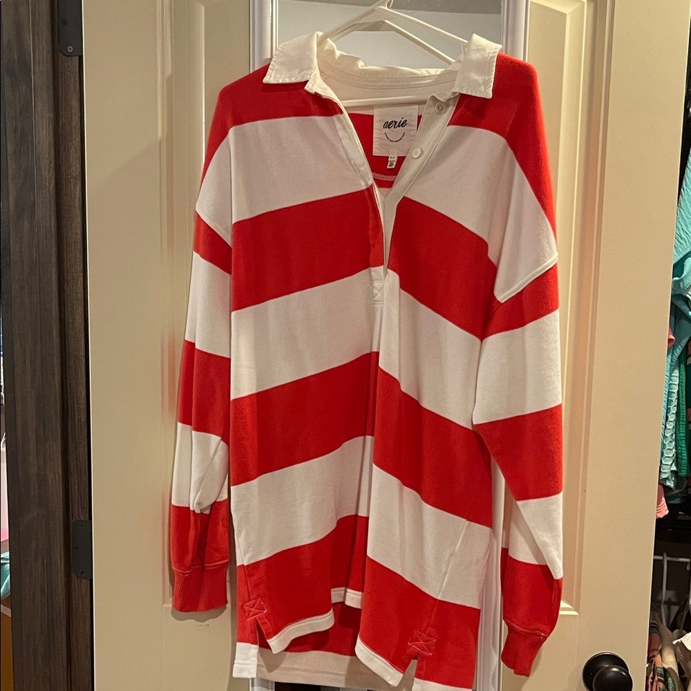 aerie Red and White Striped Oversized Rugby Polo